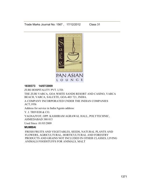 Trade Marks Journal No: 1567 17/12/2012 p`kaSana : Baart sarkar ...