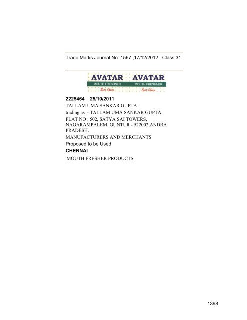 Trade Marks Journal No: 1567 17/12/2012 p`kaSana : Baart sarkar ...