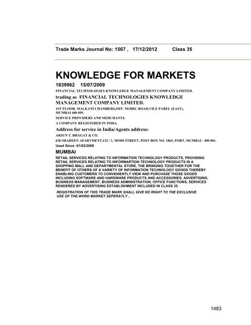 Trade Marks Journal No: 1567 17/12/2012 p`kaSana : Baart sarkar ...