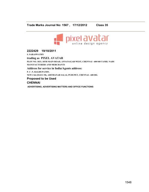 Trade Marks Journal No: 1567 17/12/2012 p`kaSana : Baart sarkar ...