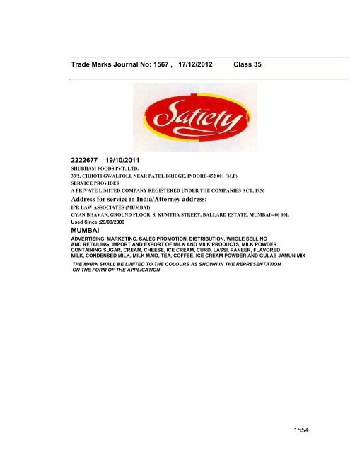 Trade Marks Journal No: 1567 17/12/2012 p`kaSana : Baart sarkar ...