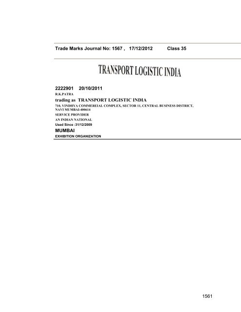 Trade Marks Journal No: 1567 17/12/2012 p`kaSana : Baart sarkar ...