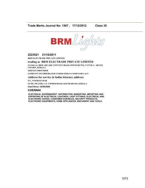 Trade Marks Journal No: 1567 17/12/2012 p`kaSana : Baart sarkar ...