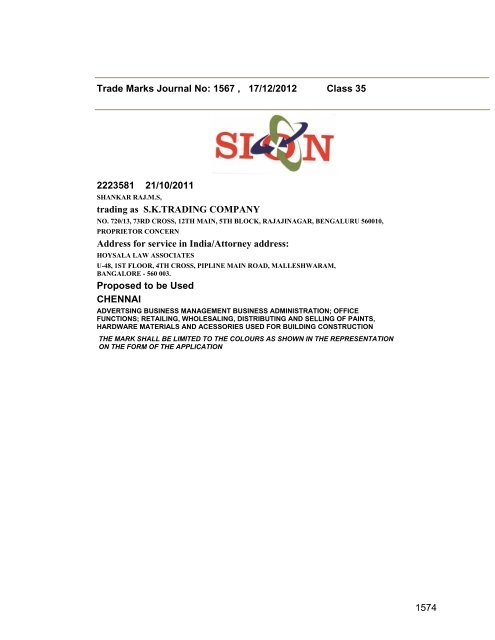 Trade Marks Journal No: 1567 17/12/2012 p`kaSana : Baart sarkar ...