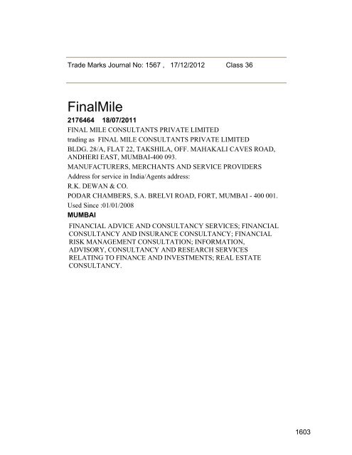 Trade Marks Journal No: 1567 17/12/2012 p`kaSana : Baart sarkar ...