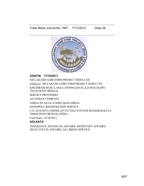 Trade Marks Journal No: 1567 17/12/2012 p`kaSana : Baart sarkar ...