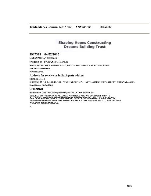 Trade Marks Journal No: 1567 17/12/2012 p`kaSana : Baart sarkar ...