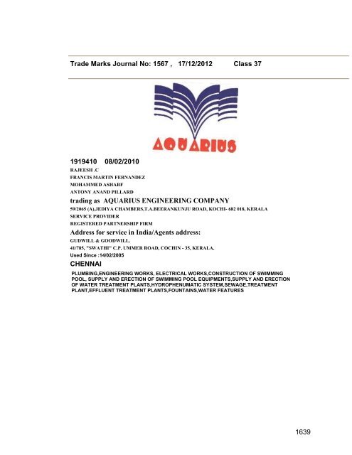 Trade Marks Journal No: 1567 17/12/2012 p`kaSana : Baart sarkar ...