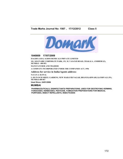 Trade Marks Journal No: 1567 17/12/2012 p`kaSana : Baart sarkar ...