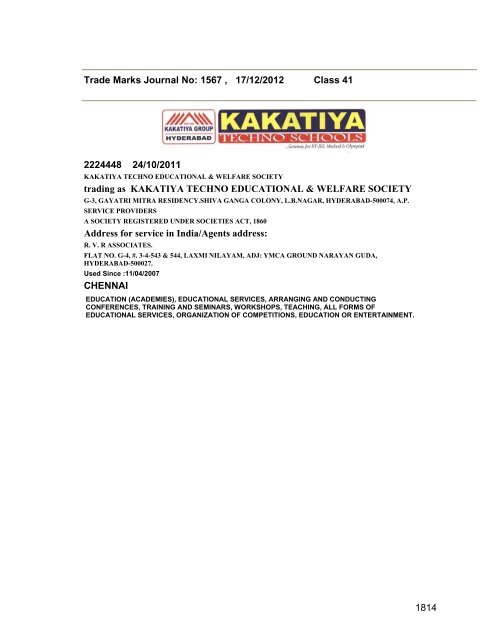 Trade Marks Journal No: 1567 17/12/2012 p`kaSana : Baart sarkar ...