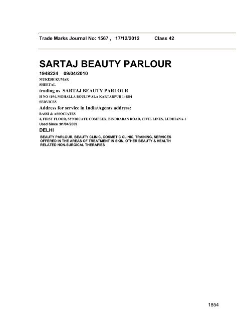 Trade Marks Journal No: 1567 17/12/2012 p`kaSana : Baart sarkar ...