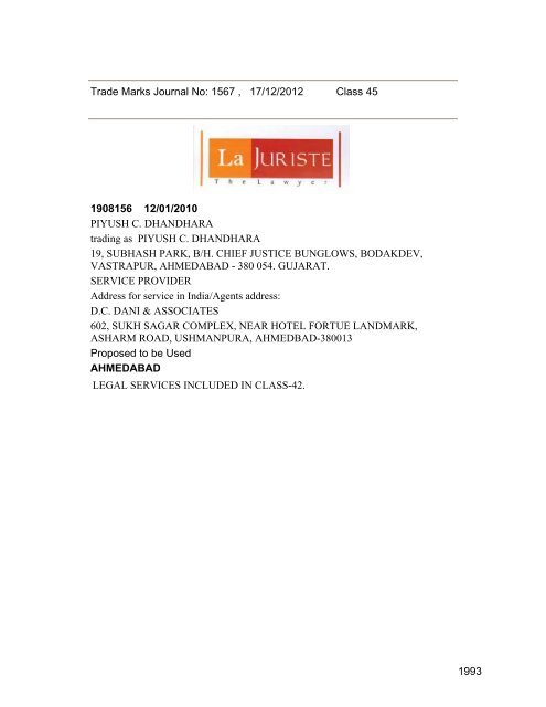 Trade Marks Journal No: 1567 17/12/2012 p`kaSana : Baart sarkar ...