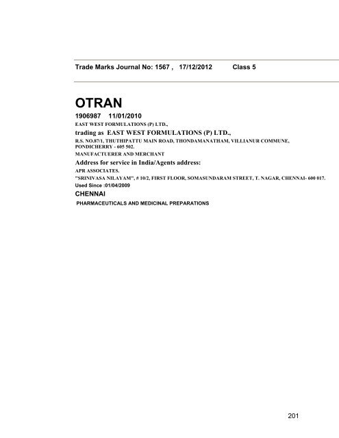 Trade Marks Journal No: 1567 17/12/2012 p`kaSana : Baart sarkar ...