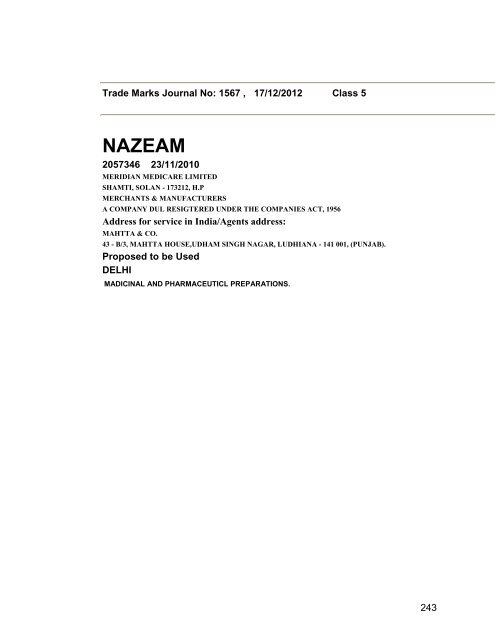 Trade Marks Journal No: 1567 17/12/2012 p`kaSana : Baart sarkar ...