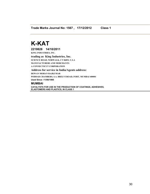 Trade Marks Journal No: 1567 17/12/2012 p`kaSana : Baart sarkar ...