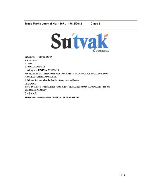 Trade Marks Journal No: 1567 17/12/2012 p`kaSana : Baart sarkar ...