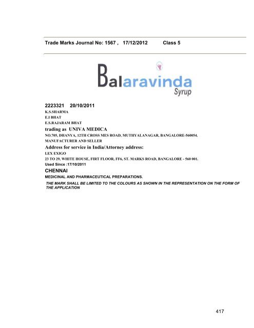 Trade Marks Journal No: 1567 17/12/2012 p`kaSana : Baart sarkar ...