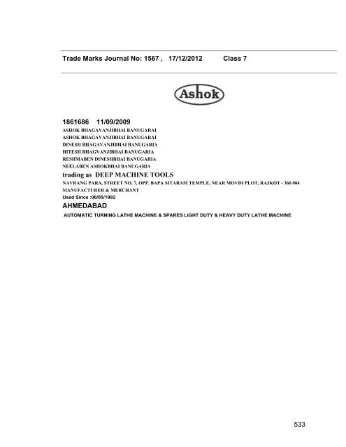 Trade Marks Journal No: 1567 17/12/2012 p`kaSana : Baart sarkar ...