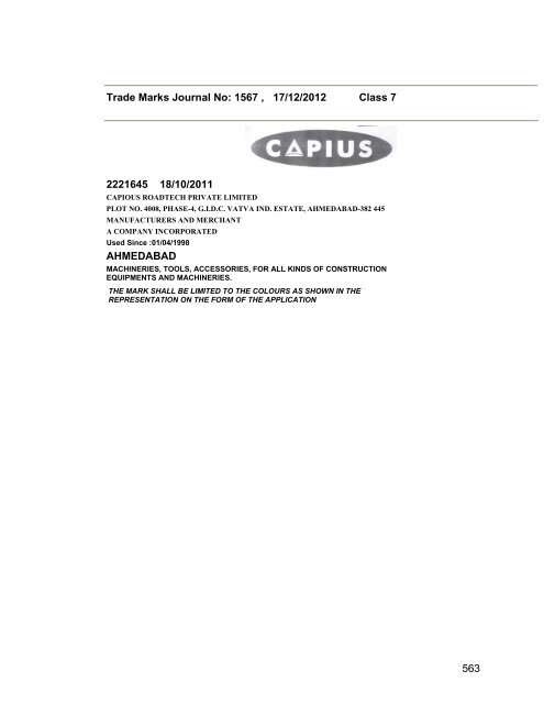 Trade Marks Journal No: 1567 17/12/2012 p`kaSana : Baart sarkar ...