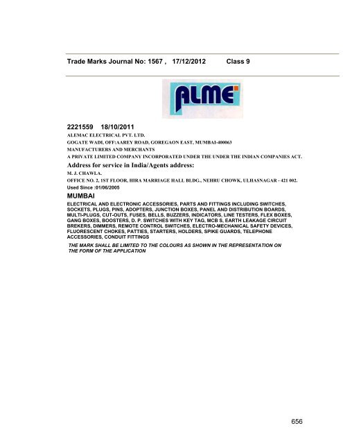 Trade Marks Journal No: 1567 17/12/2012 p`kaSana : Baart sarkar ...