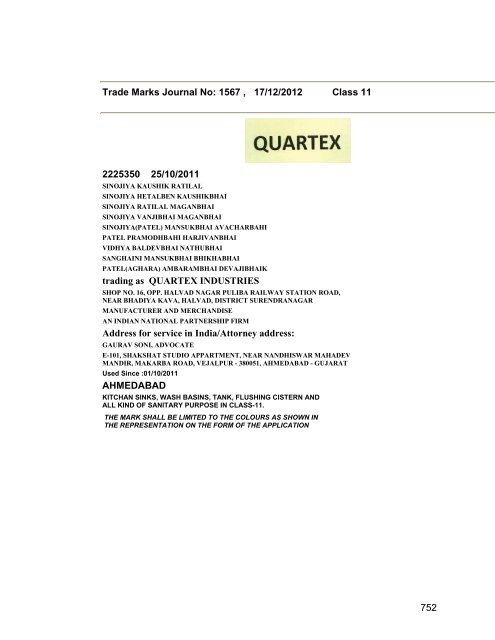 Trade Marks Journal No: 1567 17/12/2012 p`kaSana : Baart sarkar ...