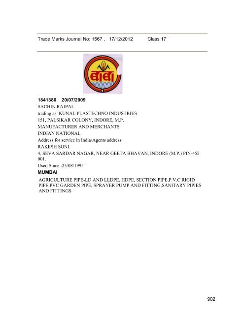 Trade Marks Journal No: 1567 17/12/2012 p`kaSana : Baart sarkar ...