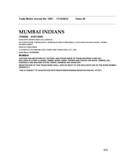 Trade Marks Journal No: 1567 17/12/2012 p`kaSana : Baart sarkar ...