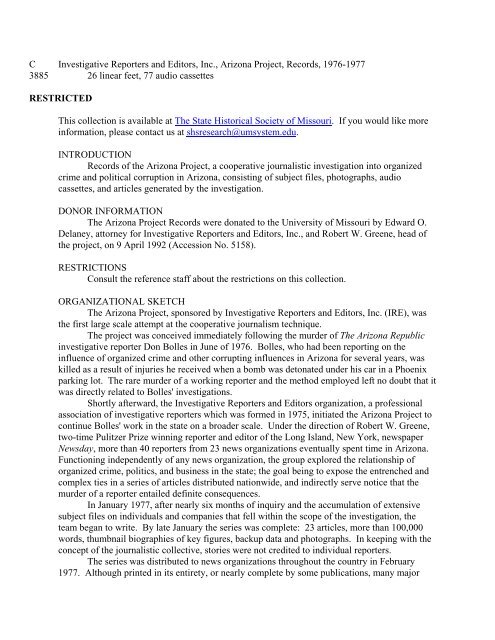 Investigative Reporters and Editors, Inc., Arizona Project, Records ...