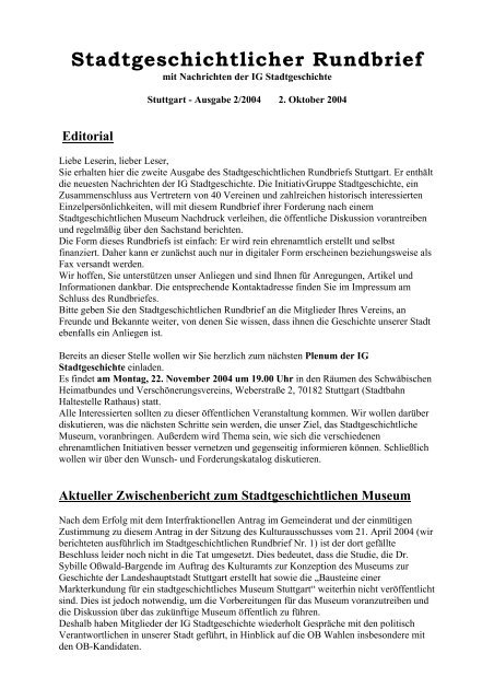 Stadtgeschichtlicher Rundbrief 2 - Susanne Wetterich Kommunikation