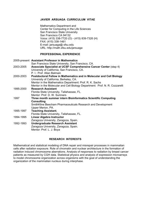 JAVIER ARSUAGA CURRICULUM VITAE Mathematics Department ...