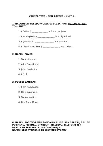 VAJE ZA TEST – PETI RAZRED - UNIT 1 - Shrani.si