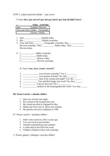 UNIT 5, šesti razred – vaje za test - Shrani.si