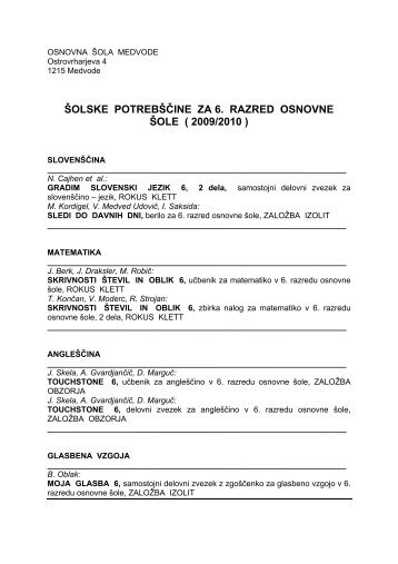 šolske potrebščine za 6. razred osnovne šole ( 2009/2010 ) - Shrani.si