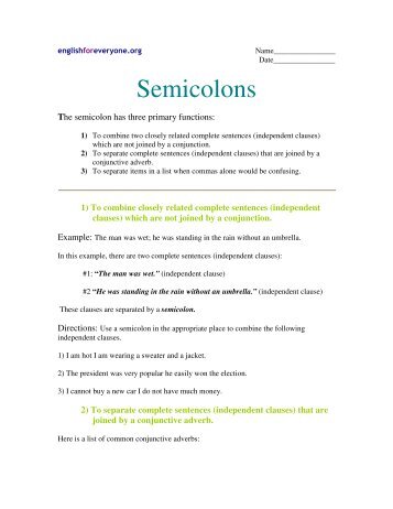 Semicolons Worksheet - English for Everyone