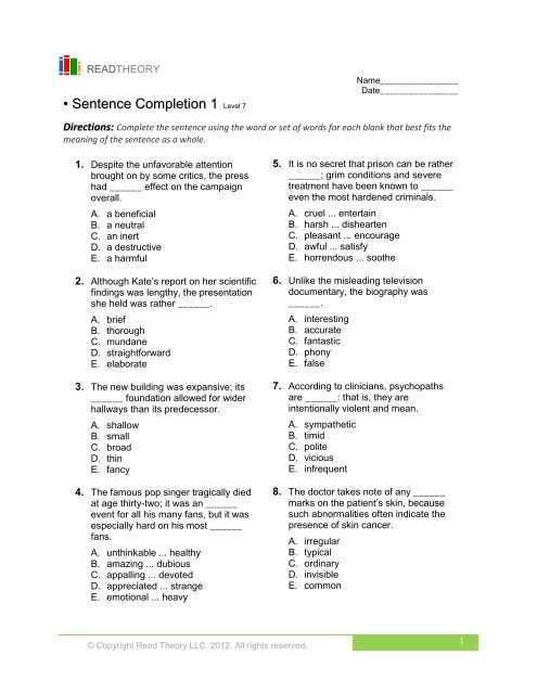 Sentence Completion 1 English For Everyone