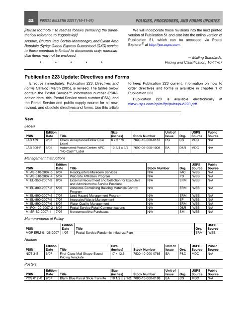 Postal Bulletin 22217 - October 11, 2007 - USPS.com® - About