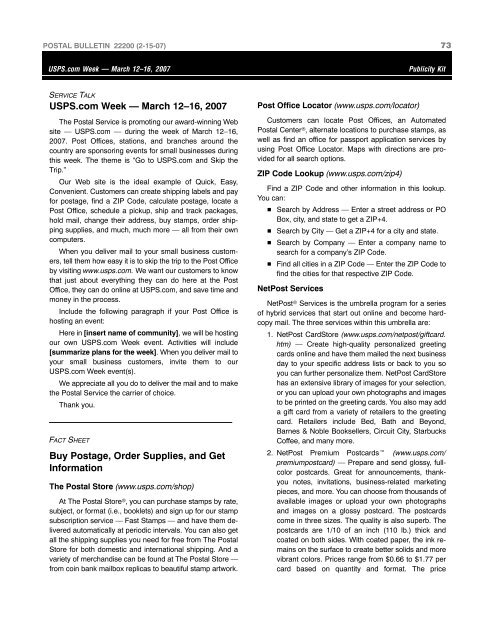 Postal Bulletin 22200 - February 15, 2007 - USPS.com® - About