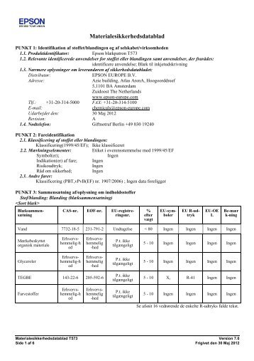 Materialesikkerhedsdatablad - Epson Europe