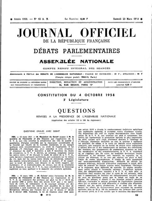 Journal Officiel Du Samedi 23 Mars 1968 Archives De L - 
