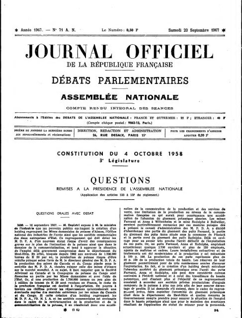 Journal officiel du vendredi 22 septembre 1967 - Archives de l ...