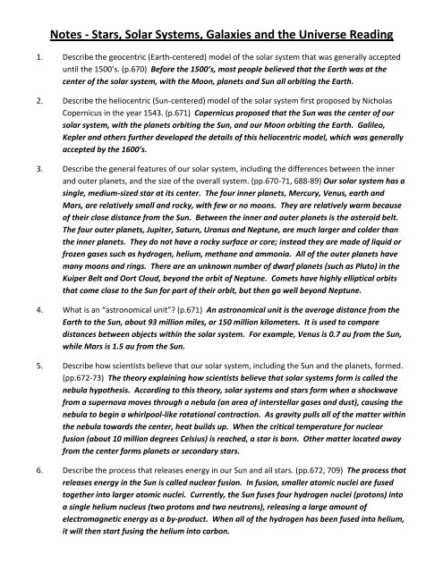 Notes Stars Solar Systems Galaxies And The Universe Reading