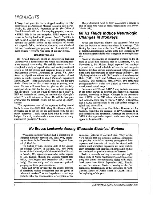 Microwave News - November/December 1985