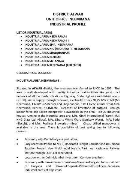 district: alwar unit office: neemrana industrial profile - RIICO