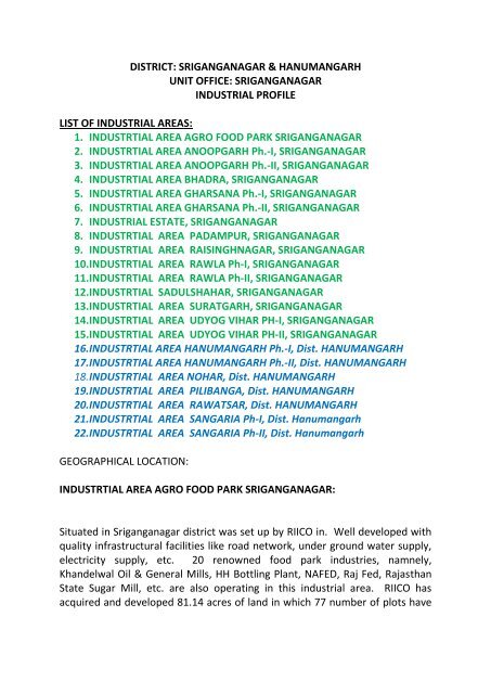 district: sriganganagar & hanumangarh unit office ... - RIICO