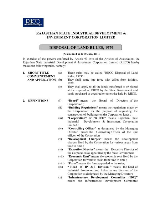 Disposal of Land Rules - RIICO