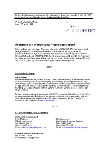 Registreringen av BioInvents nyemission slutförd - Cision