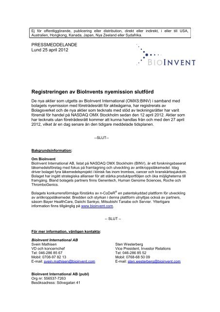 Registreringen av BioInvents nyemission slutförd - Cision