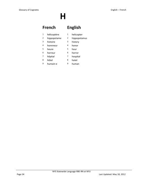 Glossary of Cognates - NYU Steinhardt