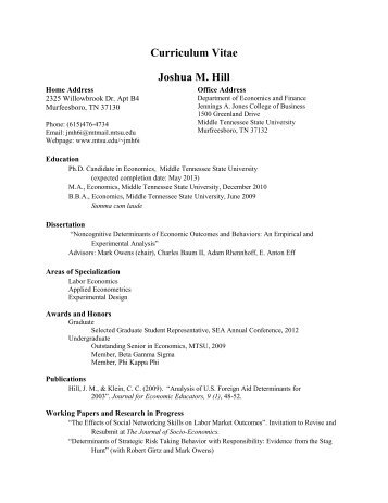 Curriculum Vitae Joshua M. Hill - Middle Tennessee State University