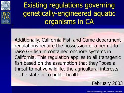 An Overview of Transgenic Fish - Department of Animal Science ...